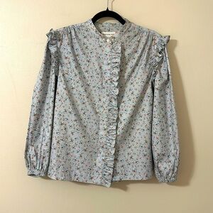 Something Navy Ditsy Floral Ruffle Button Down Shirt Sz Small Cottagecore Preppy
